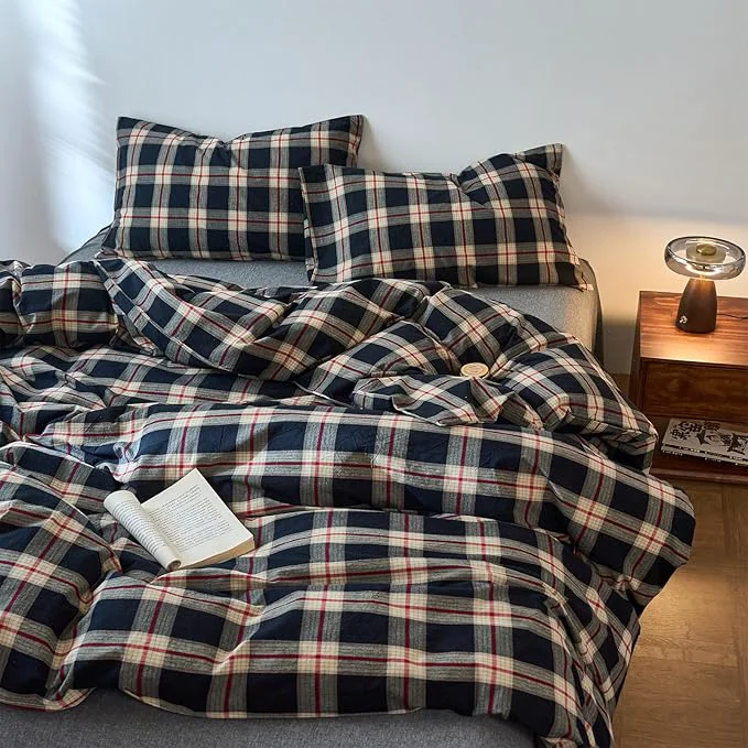 Casual EAVD Vintage Style Black Buffalo Plaid Duvet Cover Queen Soft Washed Cotton Red amp Green Grid Checkered Bedding Set with 2 Pillowcases Retro Farmhouse Geometric Grid Duvet Cover with Zipper Original