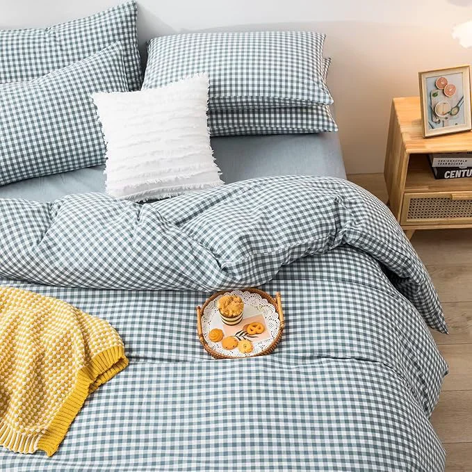 Refined mixinni Blue Gingham Comforter Set Queen Plaid Comforter Set 3 Pieces 1 Blue Grid Comfoter with 2 Pillow Cases for All Seasons Soft Fluffy Modern Grid Pattern Printed Bedding-Queen Size Breathable