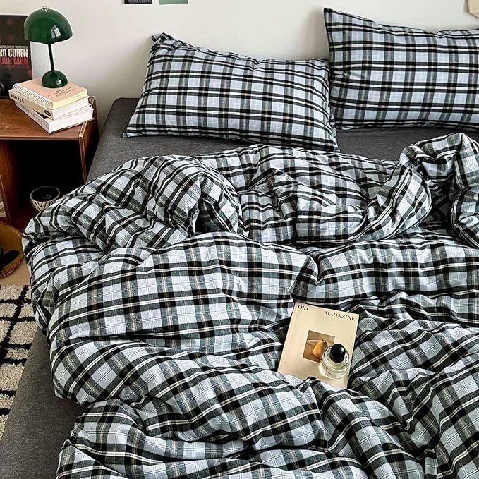 Solid EAVD Vintage Light Blue Grey Buffalo Plaid Duvet Cover Queen Soft Washed Cotton Gingham Bedding Set with Grid Checkered Pattern Farmhouse Geometric Duvet Cover with 2 Pillowcases for Boys Men Women Luxury