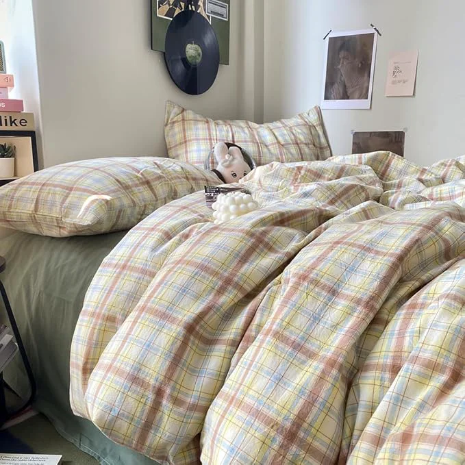 Refined EAVD Vintage Style Buffalo Plaid Duvet Cover Twin Size 3 Pieces Grid Plaid Bedding Set Soft Washed Cotton Aesthetic Gingham Duvet Cover with 2 Pillowcases Colorful Grid Checkered Bedding Set Efficient