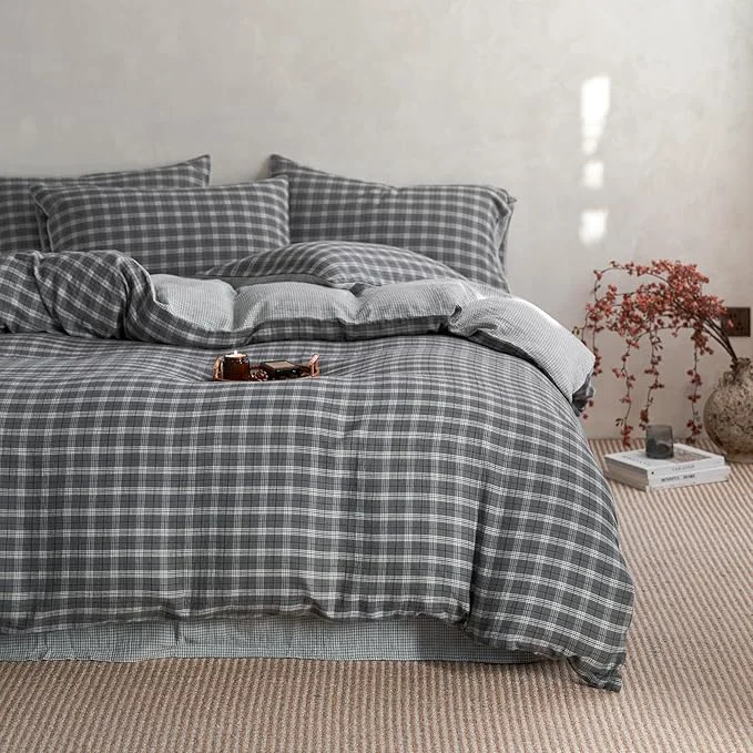 Minimalist EAVD Vintage Style Grey Plaid Gingham Duvet Cover Queen Soft Cotton Muslin Grey Grid Checkered Bedding Set with 2 Pillowcases Reversible Plaid Duvet Cover with Zipper Closure