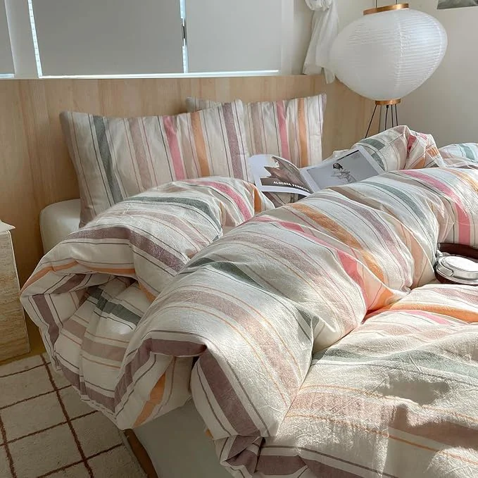 Recyclable EAVD Retro Striped Duvet Cover Queen Size Colorful Soft Washed Cotton 3-Piece Vintage Stripe Bedding Set with 2 Pillowcases Reversible Farmhouse Geometric Pattern Duvet Cover with Zipper Closure Certified