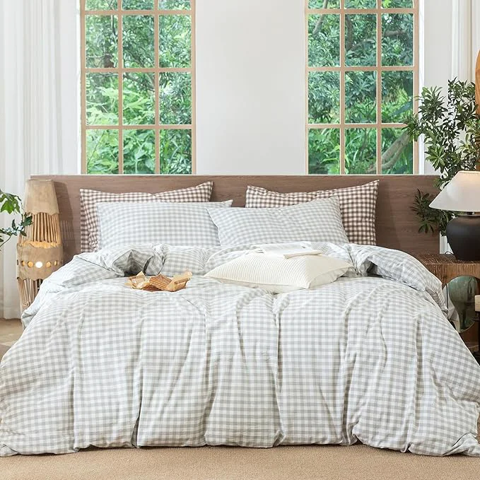 Optimized MooMee Gingham Duvet Cover Set Washed Cotton Linen Like Textured Breathable Durable Soft Comfy Modern Checkered Design Northern Droplet Grey Gingham Palatial King Oversized King 120 quot x98 quot Outstanding