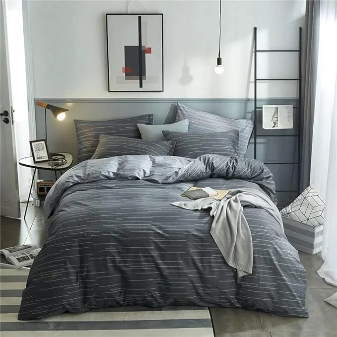 Pure mixinni Queen Size Comforter Set for Teen Modern Geometric Boys Grey Striped Printed Comforter Set Men Boys for All Season 1 Soft Fluffy Comforter and Two Pillowcases-Queen Size Luxury