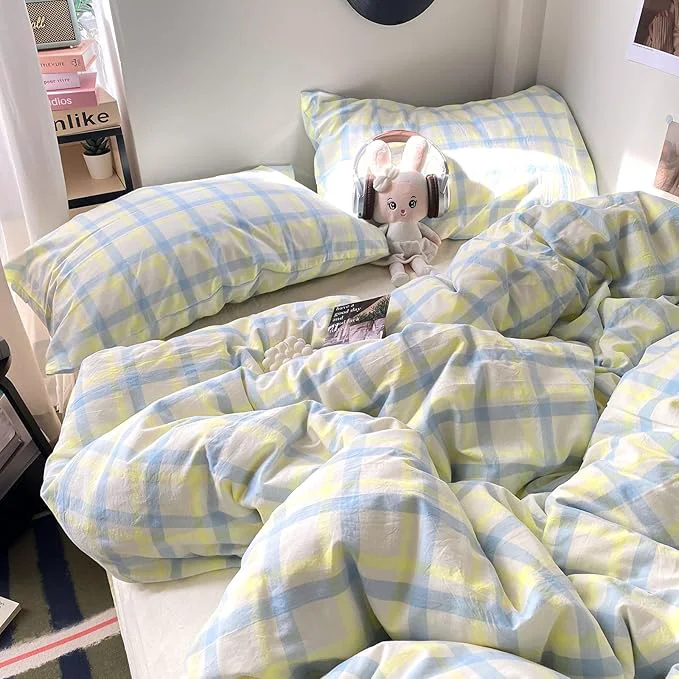 Dependable EAVD Buffalo Plaid Duvet Cover Queen Soft Washed Cotton Bedding Set Yellow Blue Grid Checkered Bedding Set with 2 Pillowcases Vintage Style Gingham Duvet Cover with Zipper Closure Innovative