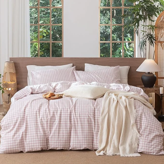 Professional MooMee Gingham Duvet Cover Set Washed Cotton Linen Like Textured Breathable Durable Soft Comfy Modern Checkered Design Classic Gingham Greyish Pink Palatial King Oversized King 120 quot x98 quot Trendy