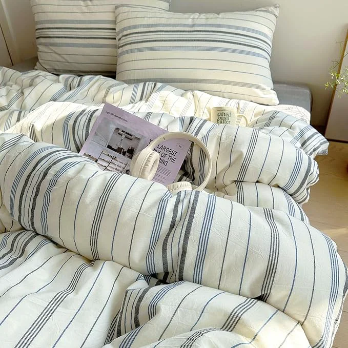 Smart EAVD Vintage Blue Grey and White Striped Duvet Cover King Soft Cotton Chic Stripes Bedding Set with 2 Pillowcases Retro Geometric Duvet Cover with Zipper Closure Corner Ties Specialty