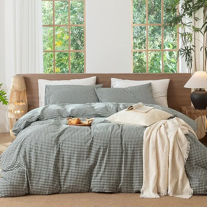Professional MooMee Gingham Duvet Cover Set Washed Cotton Linen Like Textured Breathable Durable Soft Comfy Modern Checkered Design Mini Gingham Forest Green Twin 68 quot x90 quot