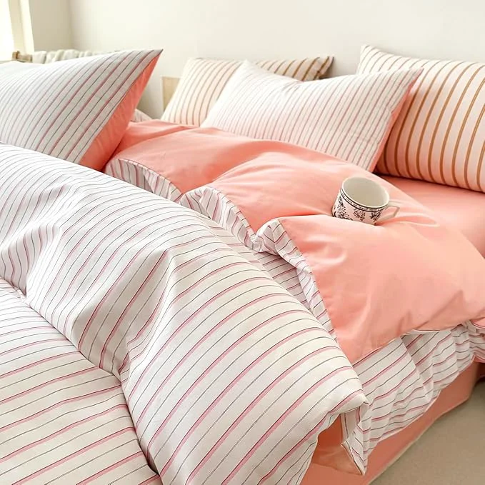 Fine EAVD Pink White Striped Duvet Cover Queen Soft Cotton Pink Vertical Ticking Stripes Bedding Set with 2 Pillowcases Modern Geometric Pattern Duvt Cover with Zipper Closure First-Class