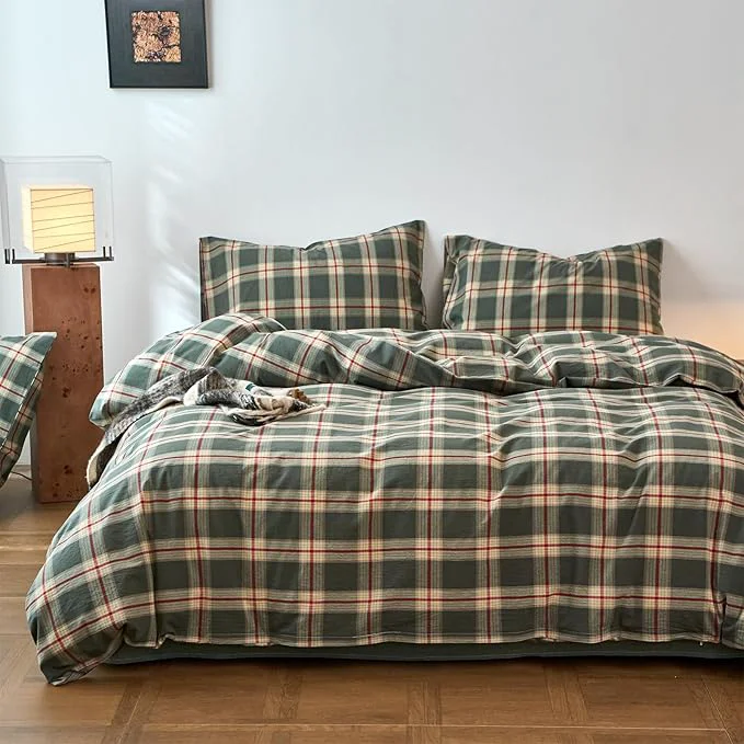 Fine EAVD Vintage Style Green Plaid Duvet Cover Twin Soft Washed Cotton Red Green Grid Checkered Bedding Set with 2 Pillowcases Retro Farmhouse Geometric Grid Duvet Cover with Zipper Closure Luxury