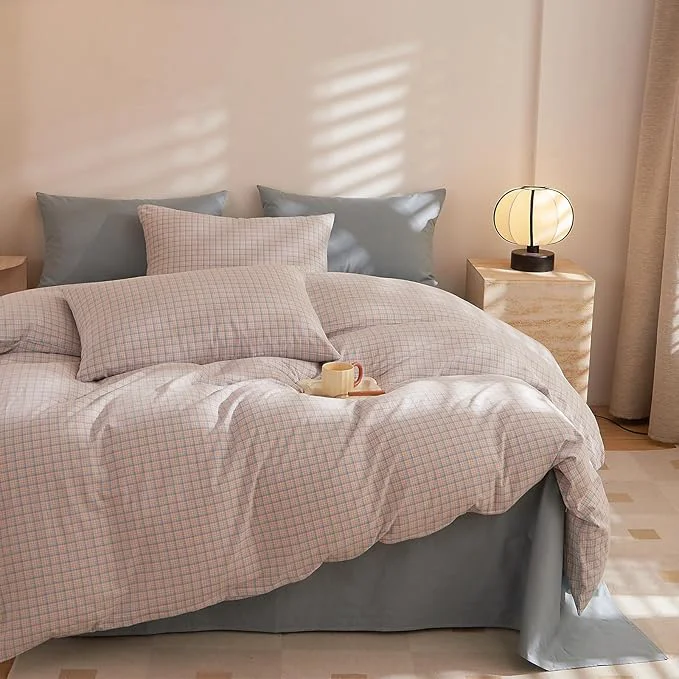 Smooth EAVD Reversible Gingham Duvet Cover Queen Pink Blue Grid Plaid Bedding Set with 2 Pillowcases Modern Checkerd Grid Duvet Cover with Zipper Closure Farmhouse Gingham Bedding Set for Boys Women Men Official