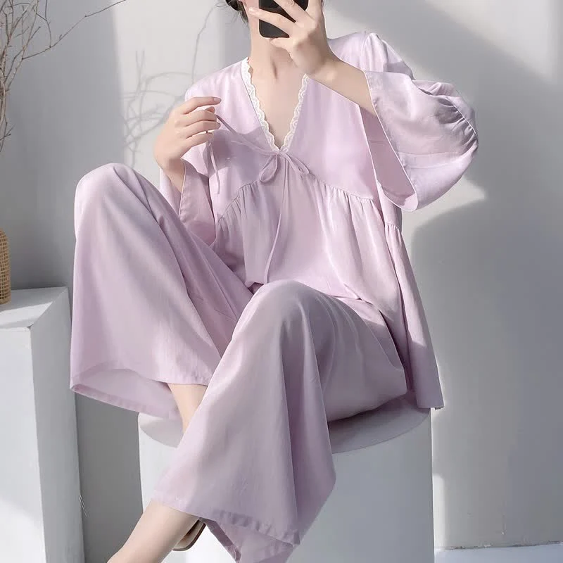 Natural Ownkoti Solid V-Neck Lace Trim Pajama Set Trendy