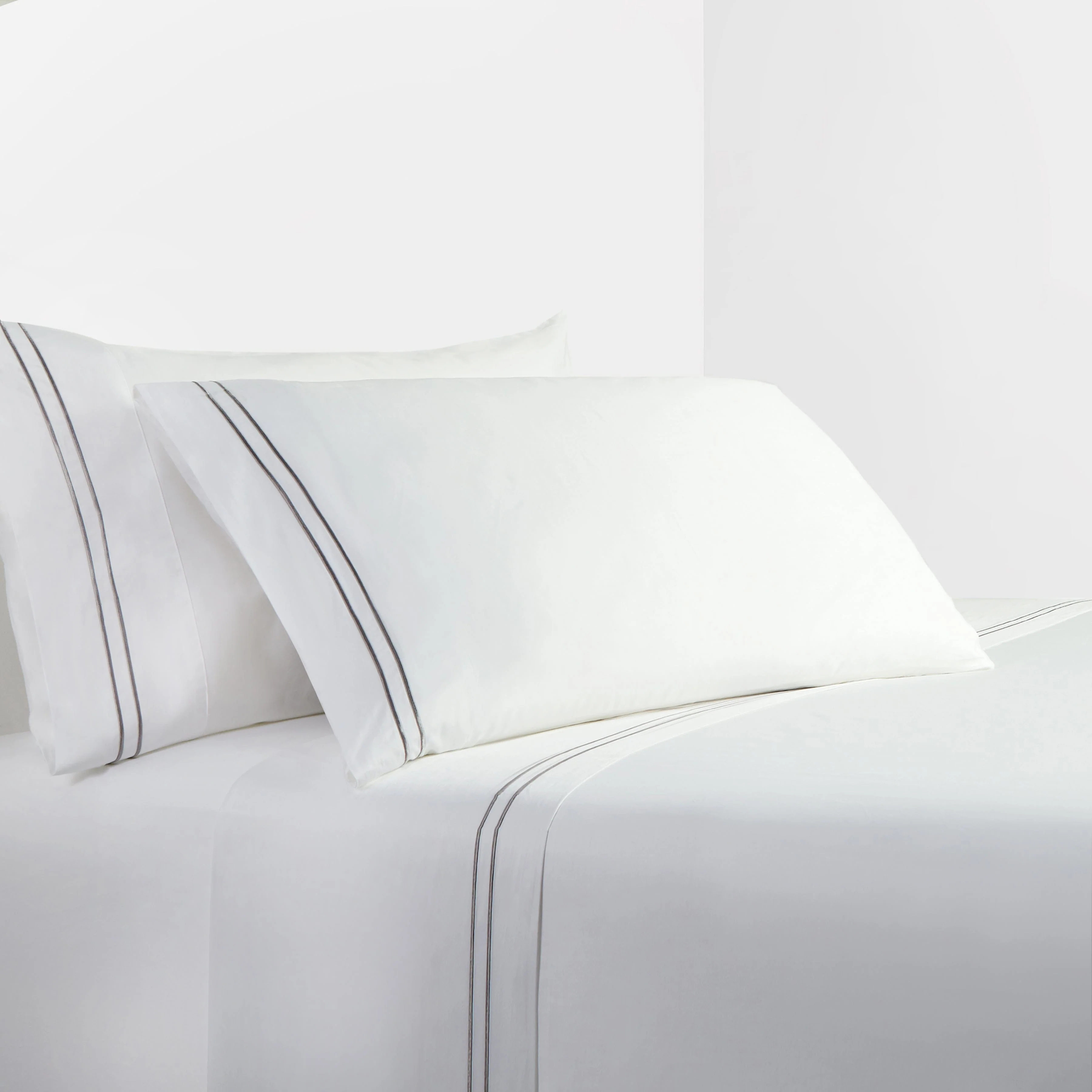 Clean 350TC Embroidered Stripe White Sheet Set 4 Pc Enhanced