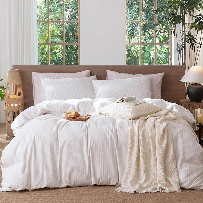 Innovative MooMee Striped Duvet Cover Set Washed Cotton Linen Like Textured Breathable Durable Soft Comfy White Heathered Greyish Pink Wide Stripes Queen 90 quot x90 quot High-End