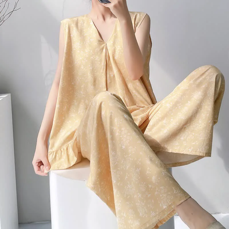 Exclusive Ownkoti Yellow Floral Leaf Tank amp Pants Pajamas Minimalist