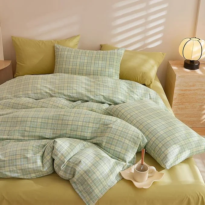Elegant EAVD Green Gingham Duvet Cover Twin Size Washed Cotton Bedding Set 3 Pieces Multicolor Grid Plaid Duvet Cover with 2 Pillowcases Modern Farmhouse Gingham Bedding Set with Zipper Closure Eco-Friendly