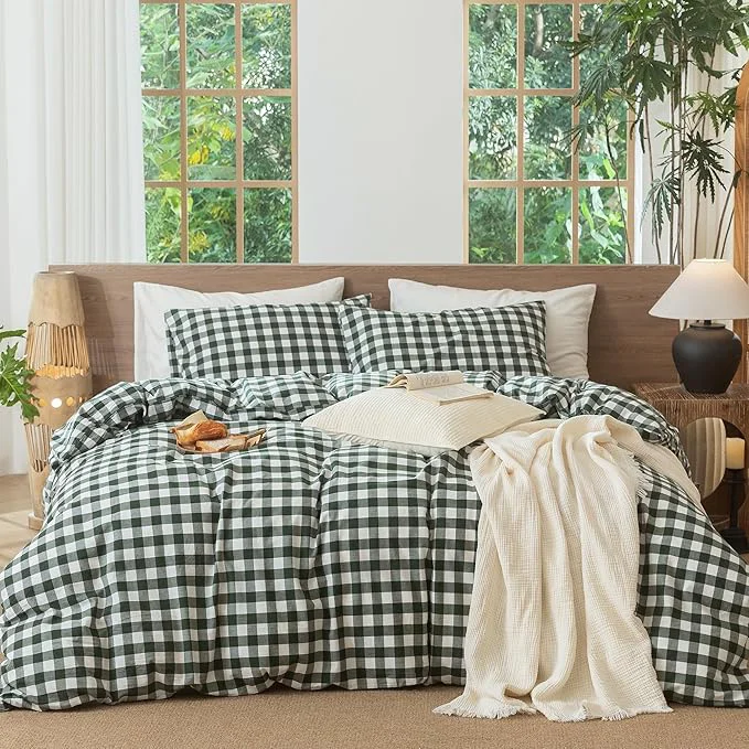 Comfortable MooMee Gingham Duvet Cover Set Washed Cotton Linen Like Textured Breathable Durable Soft Comfy Modern Checkered Design Buffalo Plaid Forest Green Queen 90 quot x90 quot Proven