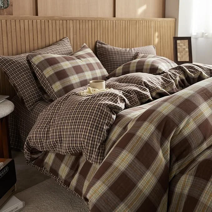 Elegant EAVD Vintage Yellow amp Brown Plaid Duvet Cover Full Soft Muslin Cotton Retro Grid Checkered Plaid Bedding Set with 2 Pillowcases Farmhouse Reversible Gingham Duvet Cover with Zipper Closure Classic