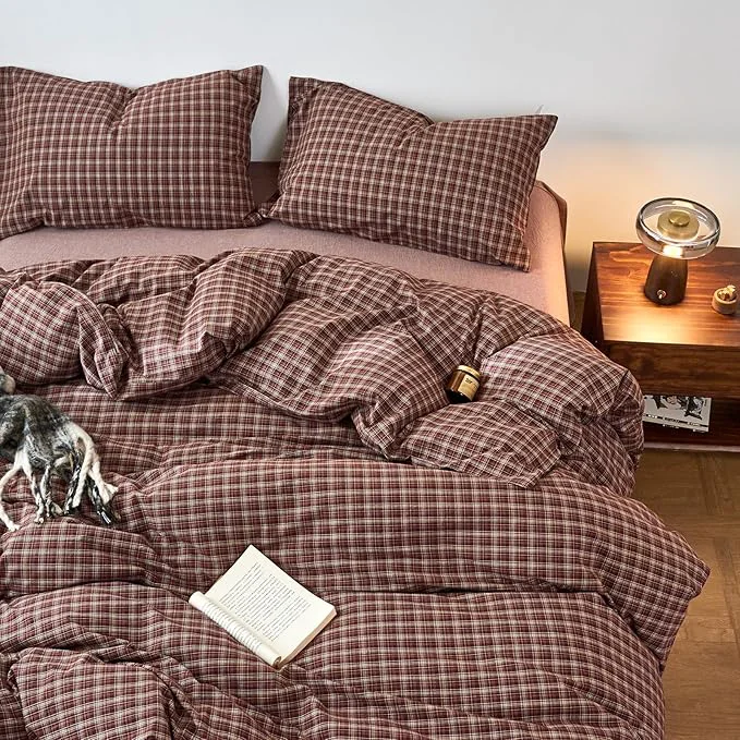 EAVD Vintage Style Burgundy Gingham Duvet Cover Queen Washed Cotton Like Linen Feel Soft Checkered Grid Plaid Bedding Set with 2 Pillowcases Farmhouse Grid Geometric Duvet Cover with Zipper Artisan