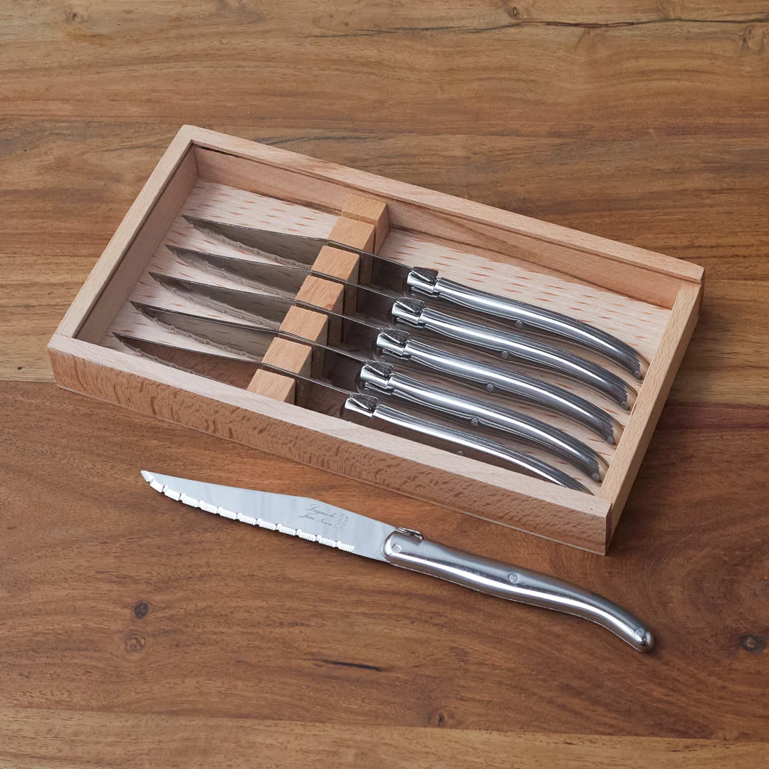 Certified Laguiole 6 Piece Steak Knife Set Stainless Steel in Wood Box with Acrylic Lid Recyclable