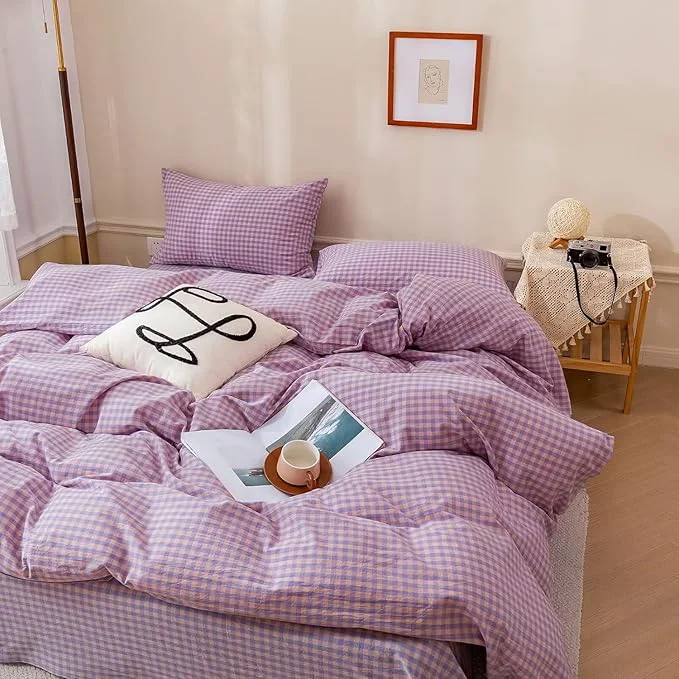 Functional EAVD Vintage Purple Gingham Duvet Cover King Soft Washed Cotton Modern Purple Pink Grid Plaid Duvet Cover with 2 Pillowcases Reversible Geometric Pattern Bedding Set with Zipper Closure Trendy