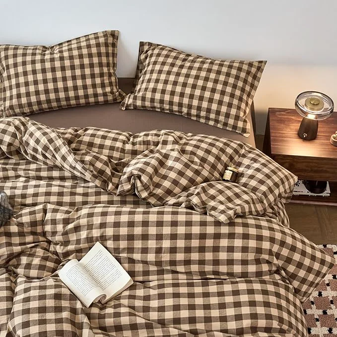 Healthy EAVD Vintage Style Brown amp Beige Plaid Duvet Cover Set Queen Soft Washed Cotton Like Linen Feel 3-Piece Checkered Gingham Duvet Cover with 2 Pillowcases Retro Buffalo Plaid Bedding Set with Zipper Authentic