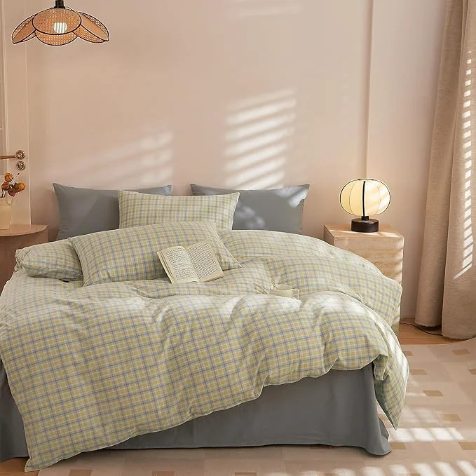 Trusted EAVD Modern Gingham Duvet Cover Full Soft Washed Cotton Yellow Blue Grid Plaid Bedding Set with 2 Pillowcases Farmhouse Reversible Plaid Checkered Duvet Cover with Zipper Closure Functional