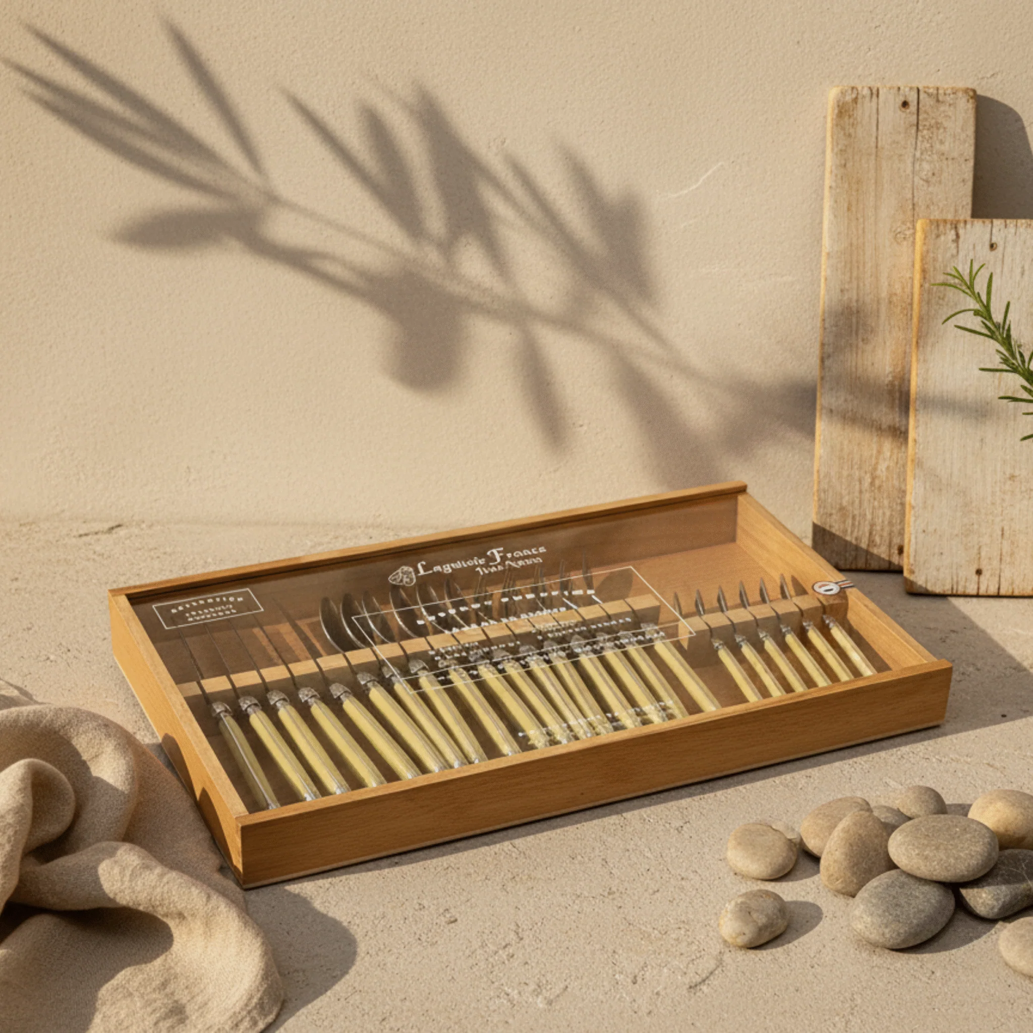 Reusable Laguiole 24 Piece Flatware Set Pale Horn in Wood Box with Acrylic Lid Official