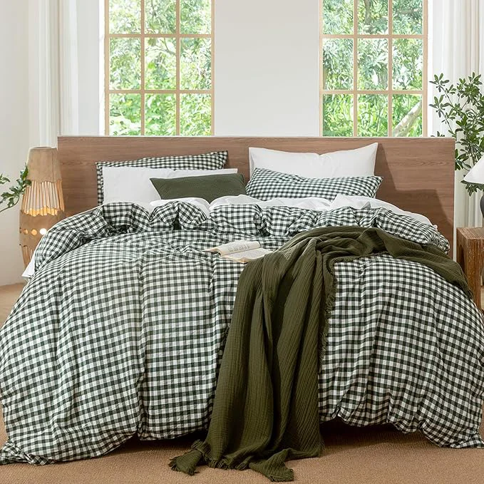Sustainable MooMee Gingham Duvet Cover Set Washed Cotton Linen Like Textured Breathable Durable Soft Comfy Modern Checkered Design Forest Green Gingham Twin 68 quot x90 quot Official