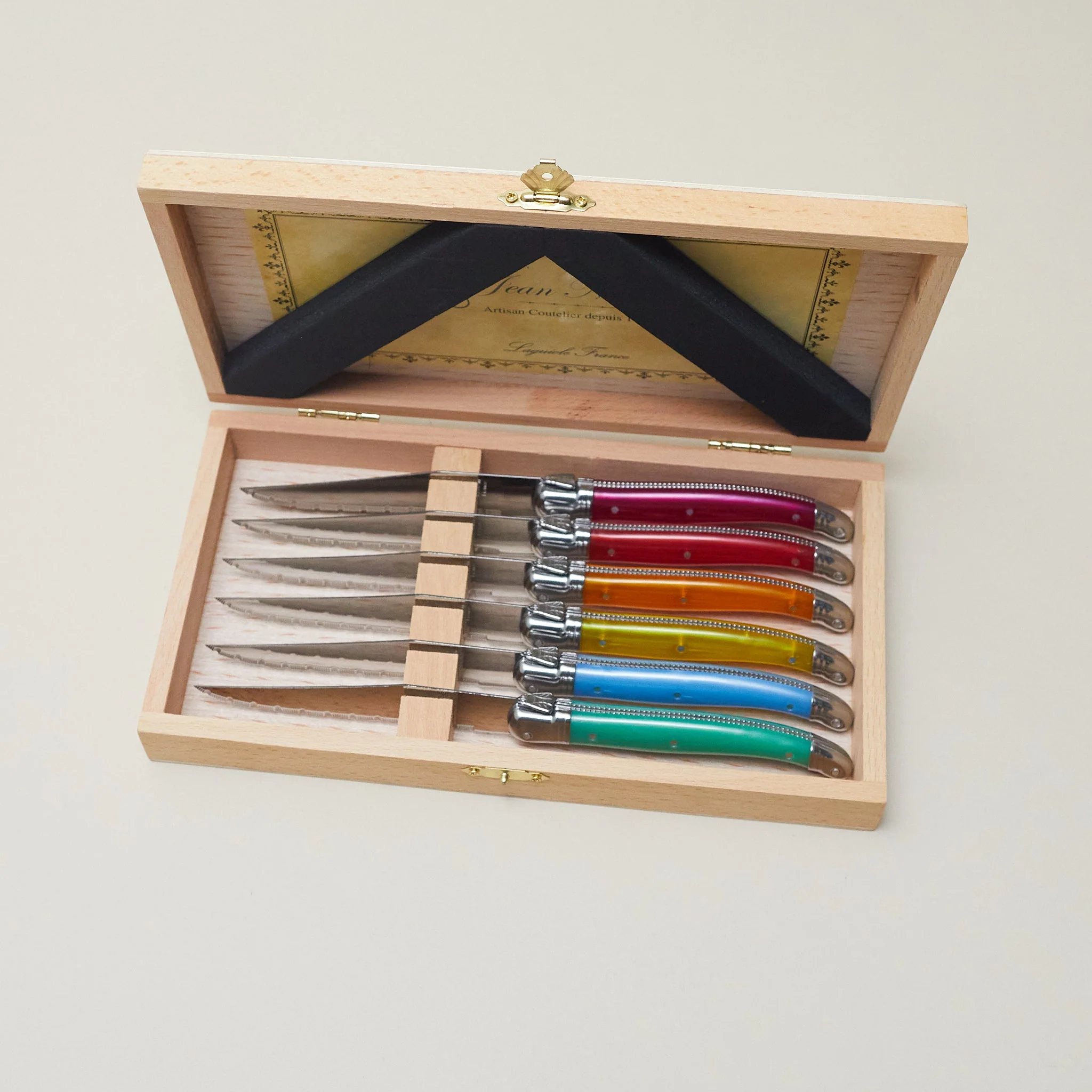 Next-Generation Laguiole 6 Piece Steak Knife Set Platine Rainbow in Wood Presenation Box Flexible