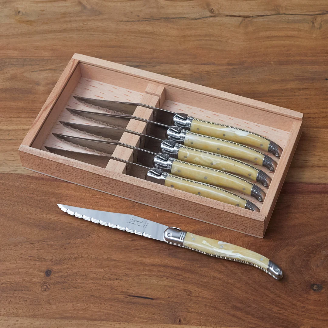 Flexible Laguiole 6 Piece Steak Knife Set Platine Pale Horn in Wood Box with Acrylic Lid Versatile