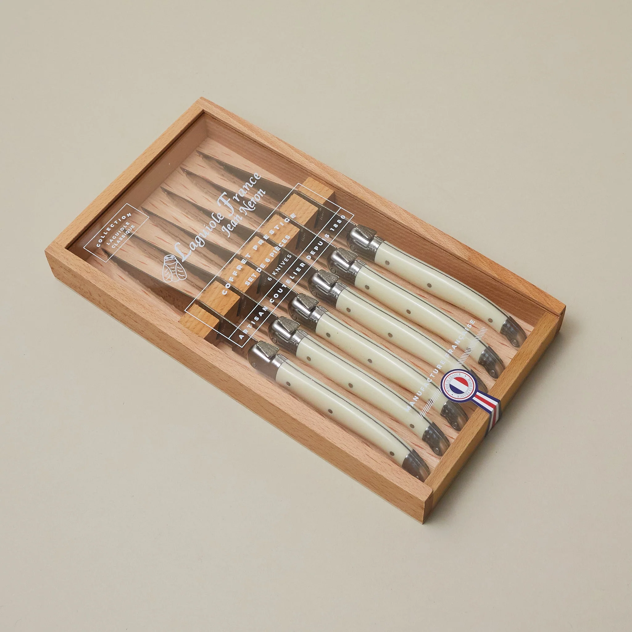 Detailed Laguiole 6 Piece Steak Knife Set Ivory in Wood Box with Acrylic Lid Optimized