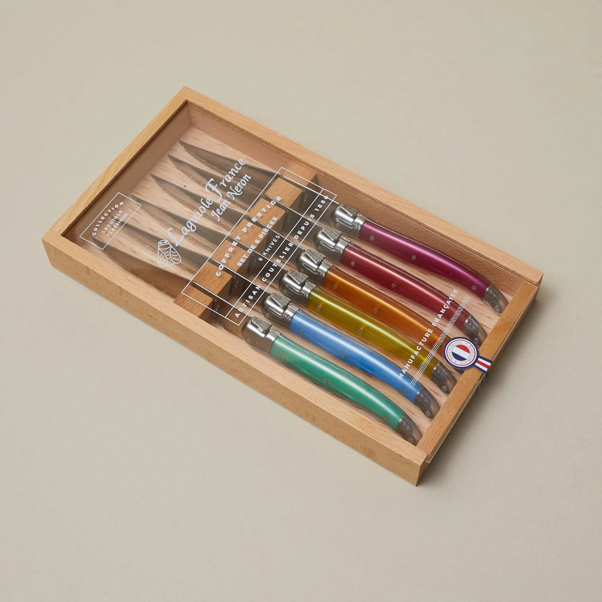 Refined Laguiole 6 Piece Steak Knife Set Rainbow in Wood Box with Acrylic Lid Exclusive