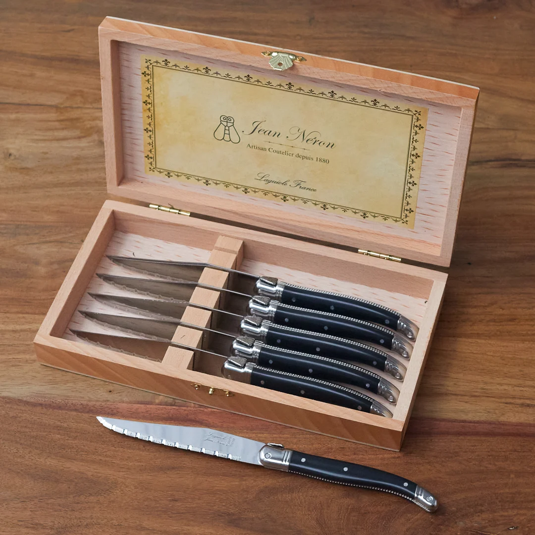 Fast Laguiole 6 Piece Steak Knife Set Platine Black in Wood Presentation Box Smart