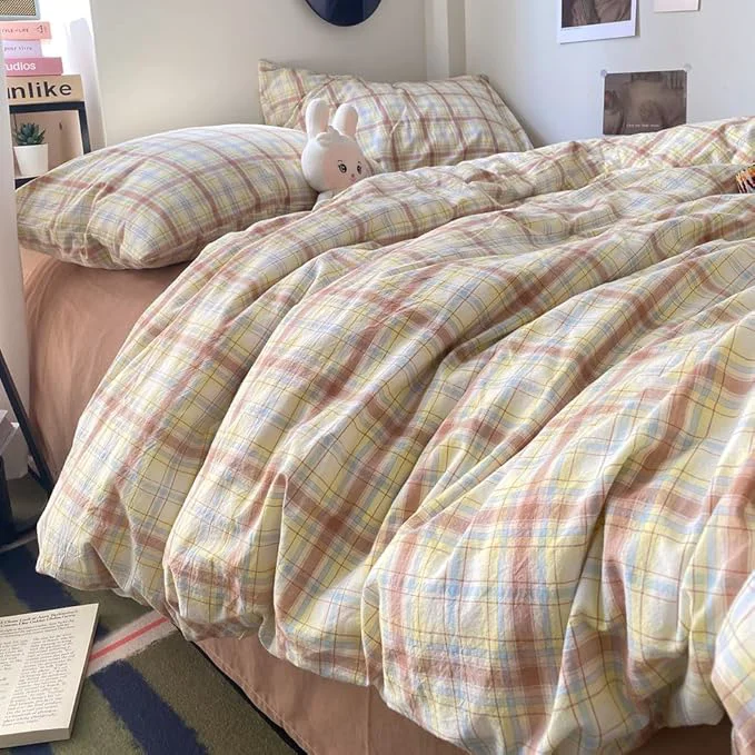 High-Grade EAVD Vintage Style Buffalo Plaid Duvet Cover Set Queen Soft Washed Cotton Chic Blue amp Yellow amp Brown Grid Plaid Bedding Set with 2 Pillowcases Farmhouse Gingham Duvet Cover with Zipper Closure Casual