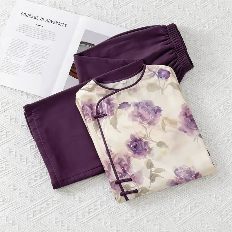 Dependable Ownkoti Watercolor Purple Floral Eastern-Inspired Pajama Set Secure