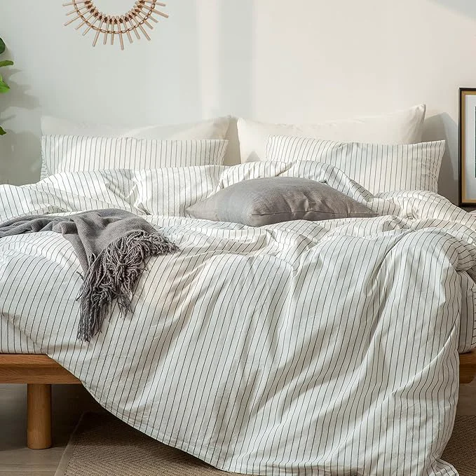 Specialty MooMee Striped Duvet Cover Set Washed Cotton Linen Like Textured Breathable Durable Soft Comfy White Dark Grey Wide Stripes King 104 quot x90 quot Verified
