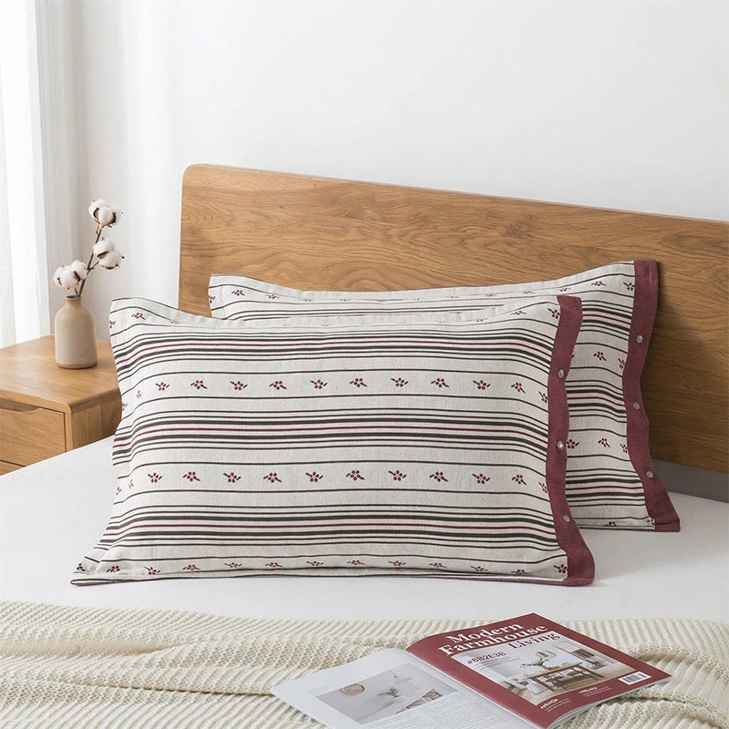 Fashionable Ownkoti Stripe Floral Button Cotton Pillowcases 2PCS Smart