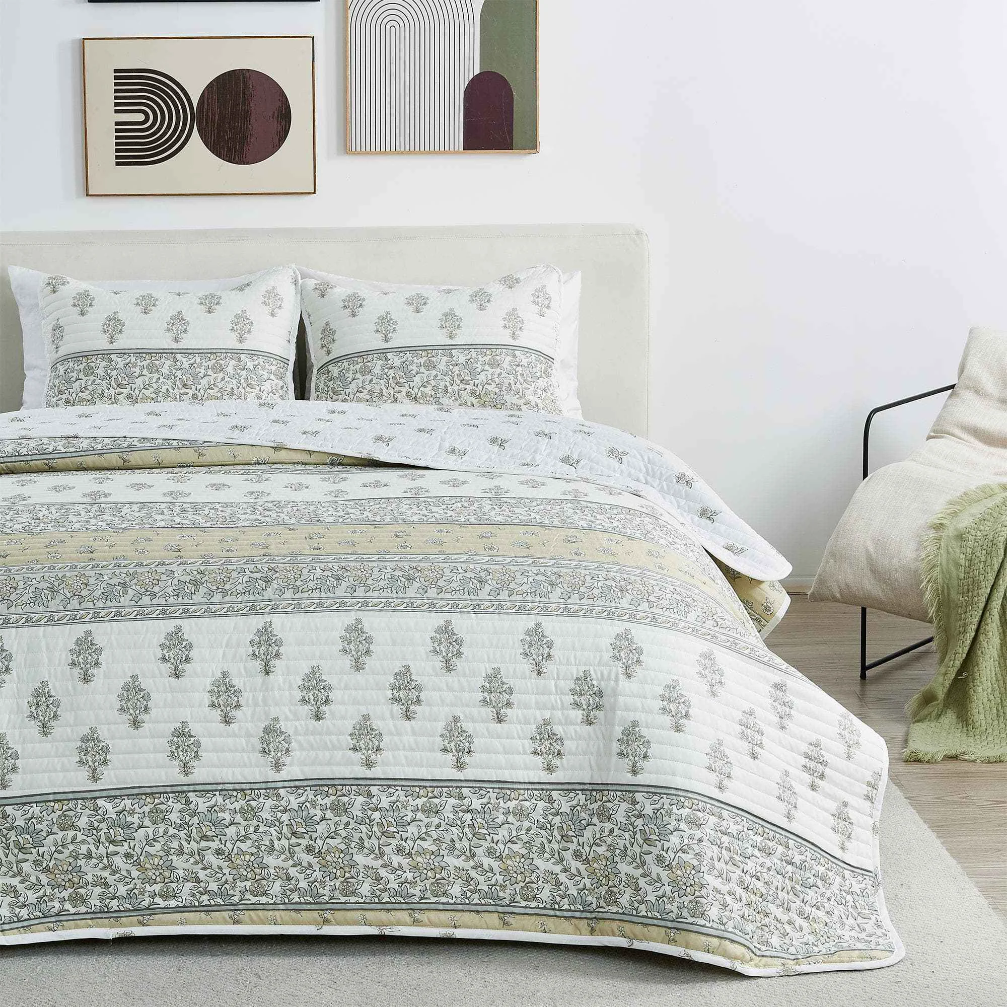 Artisan Floral Striped Microfiber Quilt Set - Hermine Collection Contemporary