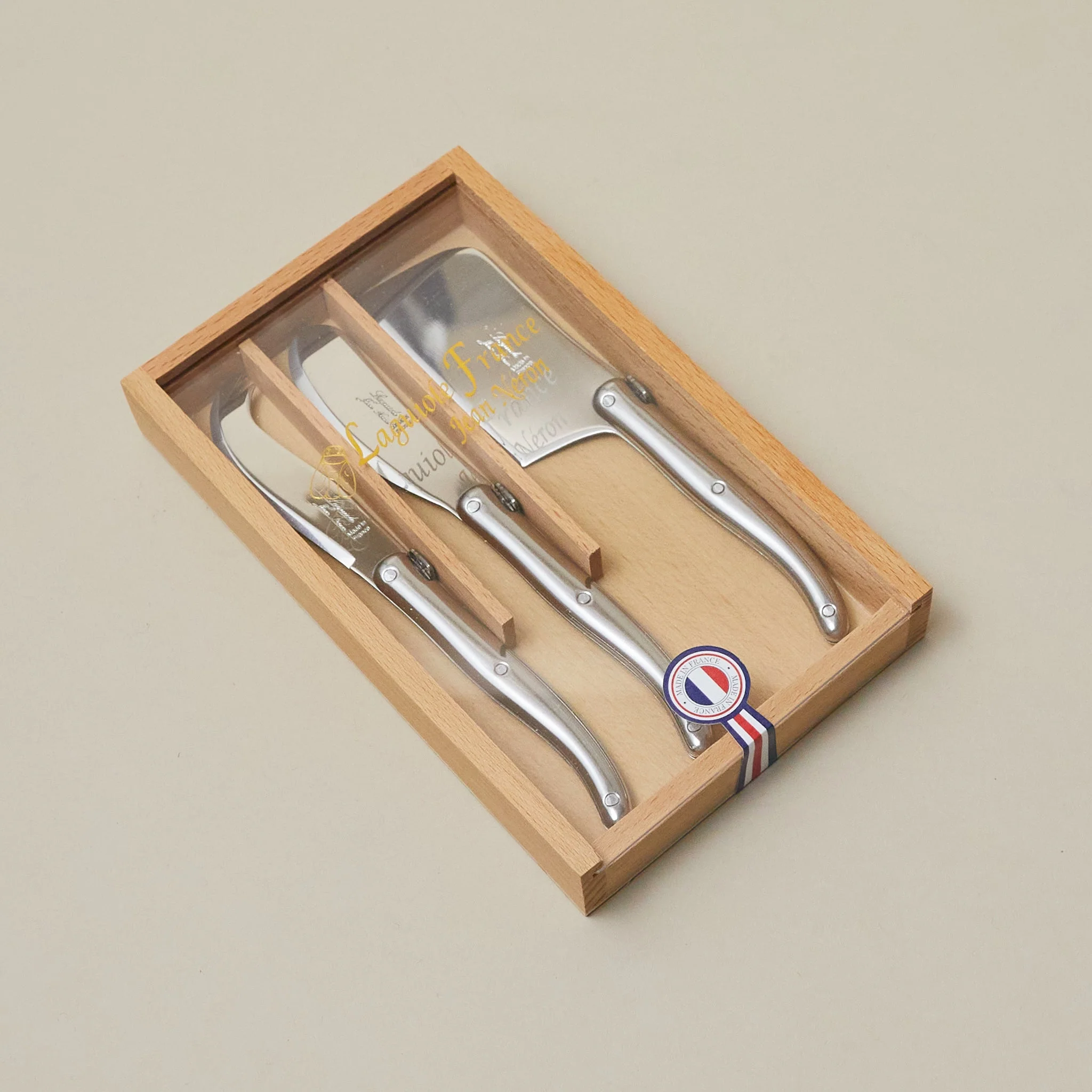 High-End Laguiole 3 Piece Mini Cheese Utensil Set Stainless Steel in Wood Box with Acrylic Lid Powerful