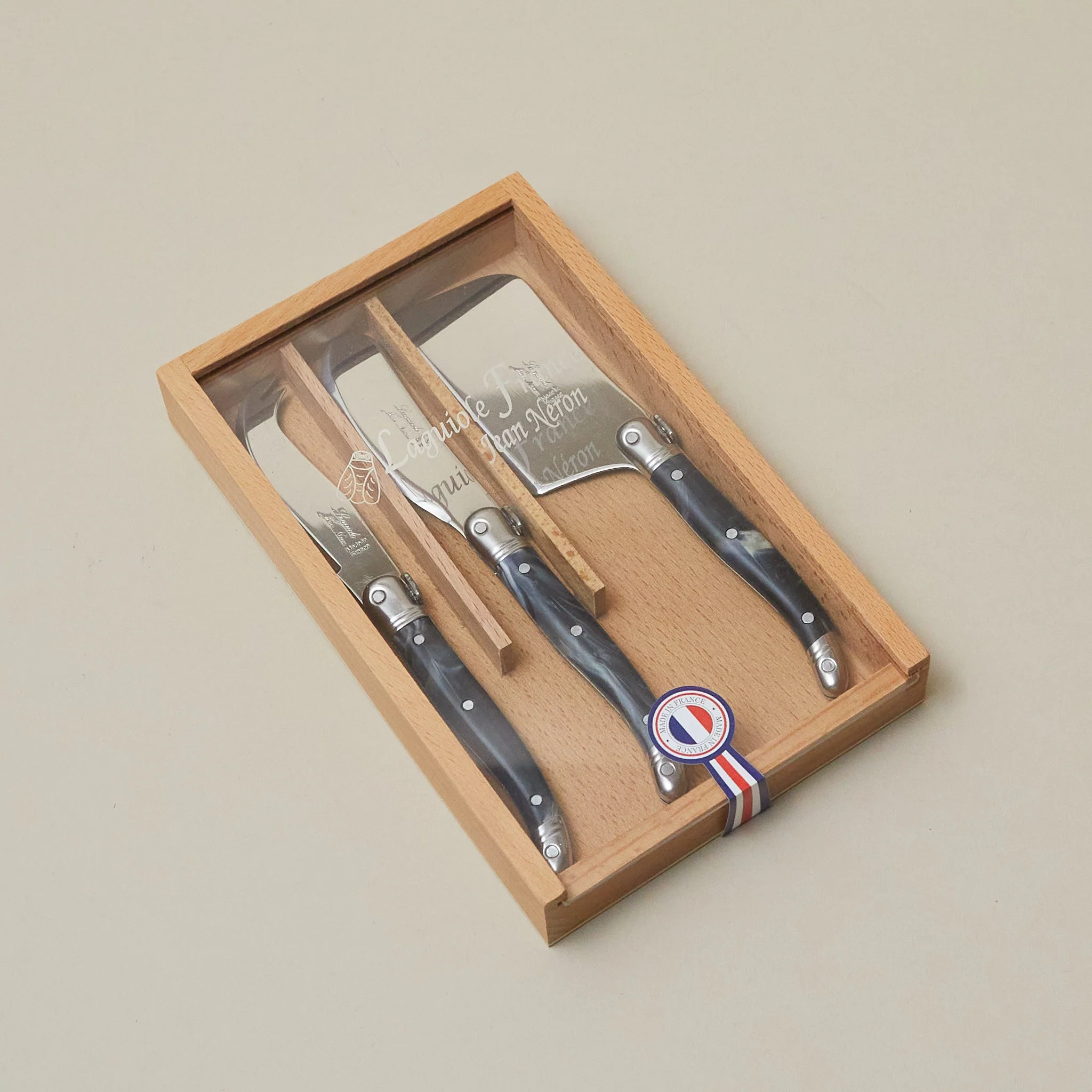 Powerful Laguiole 3 Piece Mini Cheese Utensil Set Black Marble in Wood Box with Acrylic Lid Exclusive