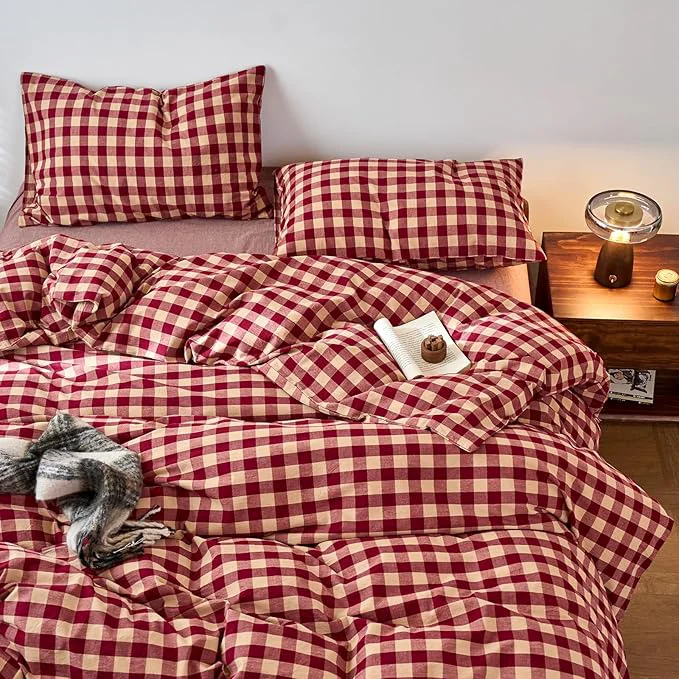 Top-Quality EAVD Vintage Style Red Gingham Duvet Cover Full Soft Washed Cotton 3-Piece Reversible Plaid Checkered Bedding Set with 2 Pillowcases Farmhouse Buffalo Plaid Duvet Cover with Zipper Closure Reusable