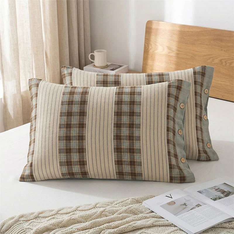 Artisan Ownkoti Plaid Stripe Pure Cotton Pillowcases 2PCS Next-Generation