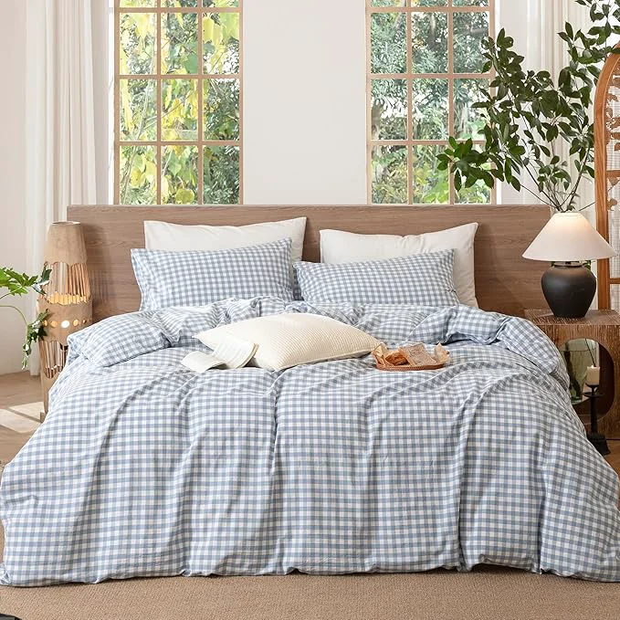 Secure MooMee Gingham Duvet Cover Set Washed Cotton Linen Like Textured Breathable Durable Soft Comfy Modern Checkered Design Classic Gingham Cornflower Blue Oversized Queen 98 quot x98 quot Certified