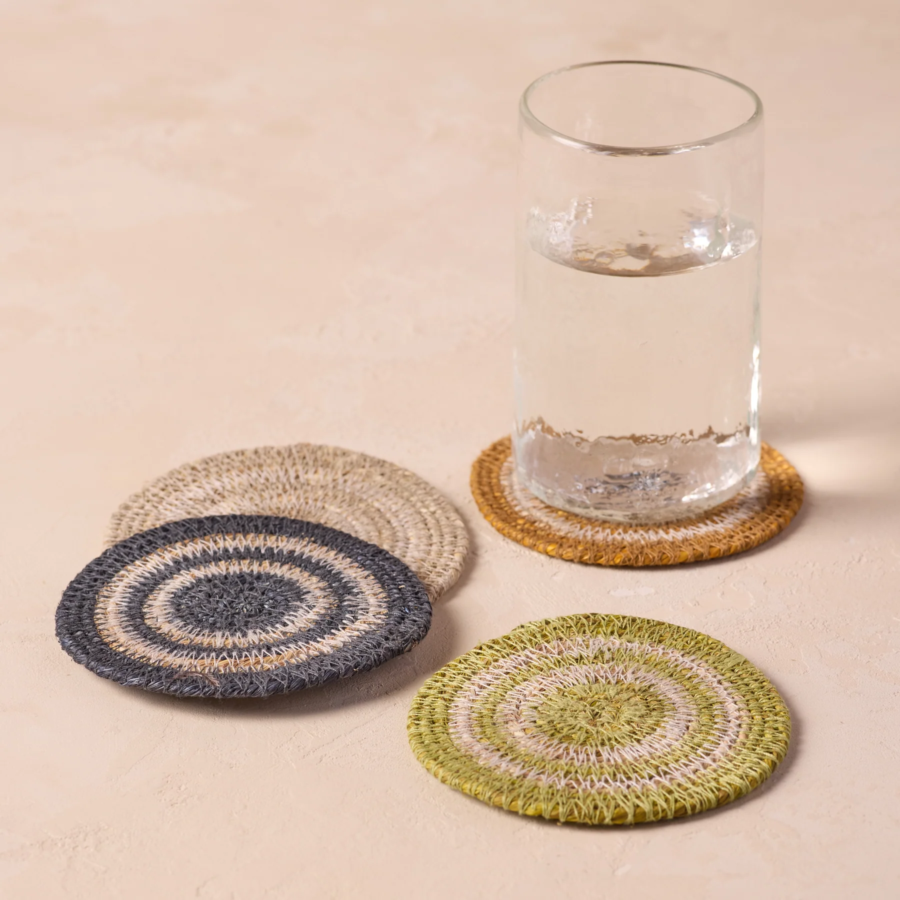 Optimized Hydra Woven Seagrass Coaster Set of 4 Chartreuse Navy Marigold Grey Breathable