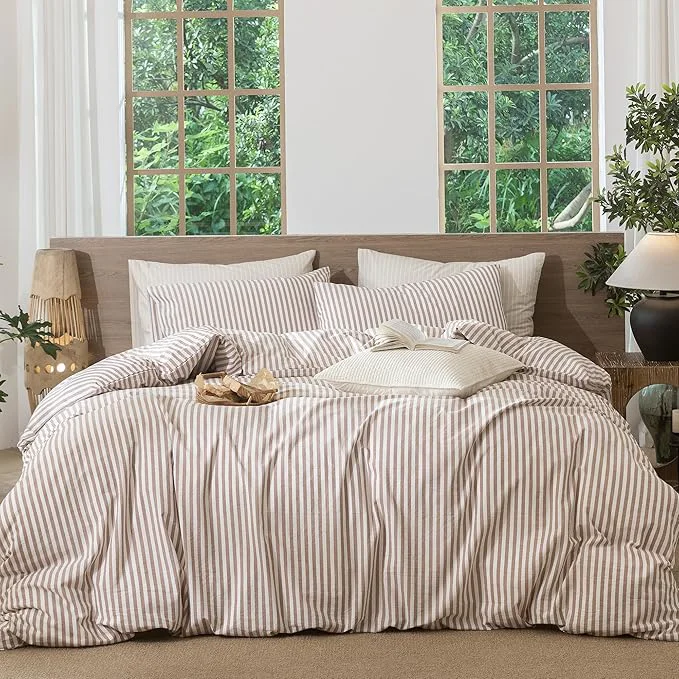 Prestigious MooMee Striped Duvet Cover Set Washed Cotton Linen Like Textured Breathable Durable Soft Comfy Orange Classic Stripes Super Queen 90 quot x98 quot Long-Lasting