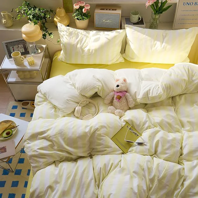 High-Quality EAVD Yellow and White Vertical Striped Duvet Cover King Soft Washed Microfiber Farmhouse Yellow Striped Bedding Set with 2 Pillowcases Reversible Geometric Pattern Duvet Cover with Zipper Closure High-End