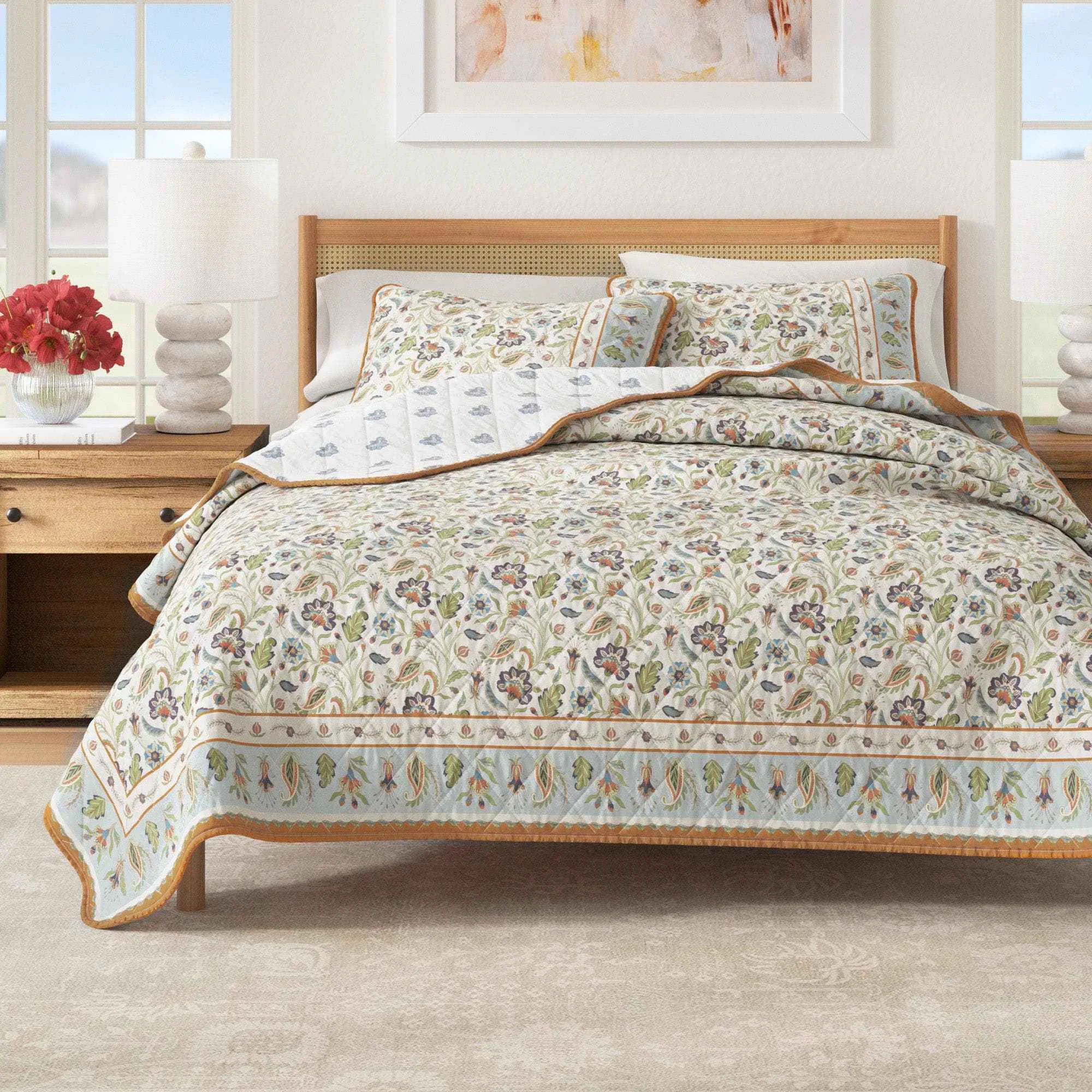 Environmentally Friendly Floral Boho Printed Cotton Quilt Set - Indira Collection Natural