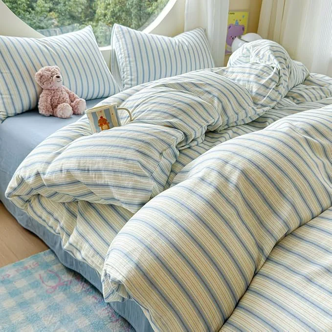 Elite EAVD Vintage Striped Duvet Cover King Soft Muslin Cotton Linen Feel Gauze Farmhouse Blue Vertical Striped Pattern Bedding Set for Men Women Reversible Geometric Duvet Cover with Zipper Closure Sustainable