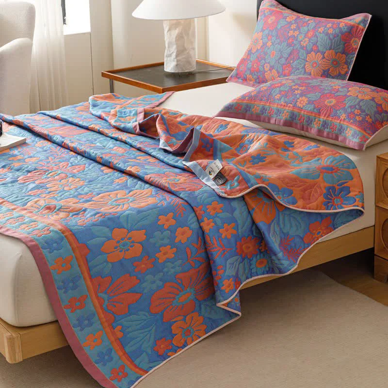 Green Ownkoti Floral Cotton Gauze Reversible Quilt Blanket Efficient